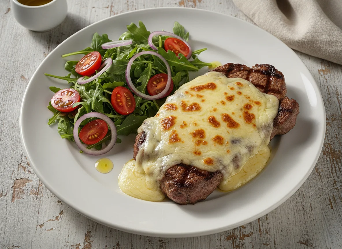 Bife de cuadril con queso y ensalada mixta photo