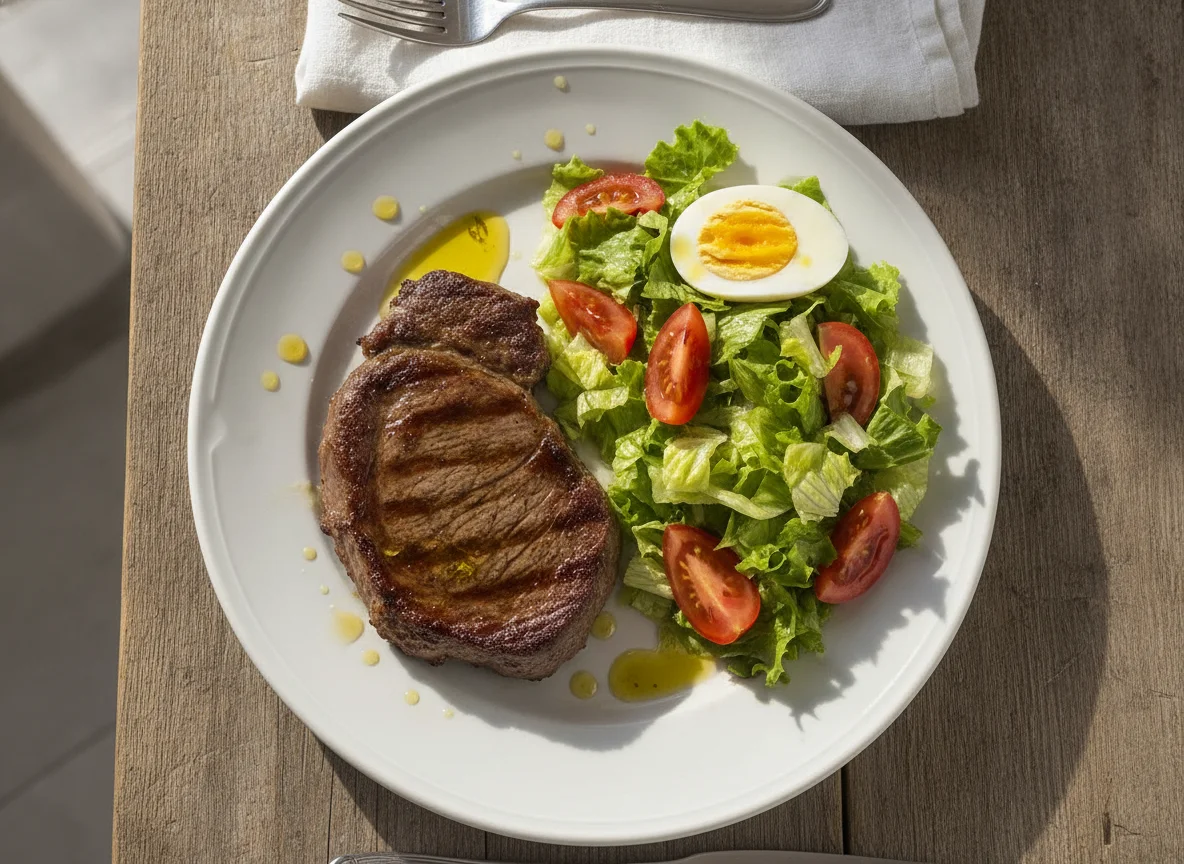 Bife de lomo con ensalada mixta y huevo photo