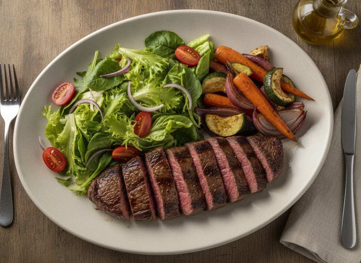Bife de lomo con ensalada mixta y vegetales asados photo