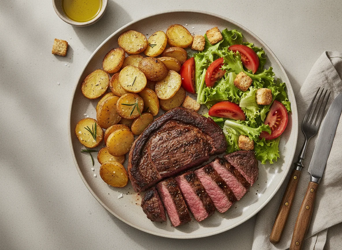 Bife de lomo con papas asadas y ensalada mixta con croutons photo