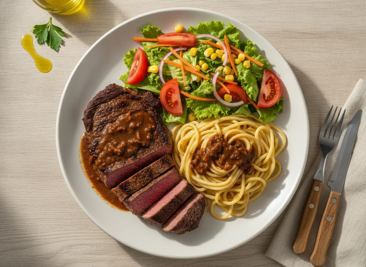 Bife de lomo con tallarines y ensalada mixta photo