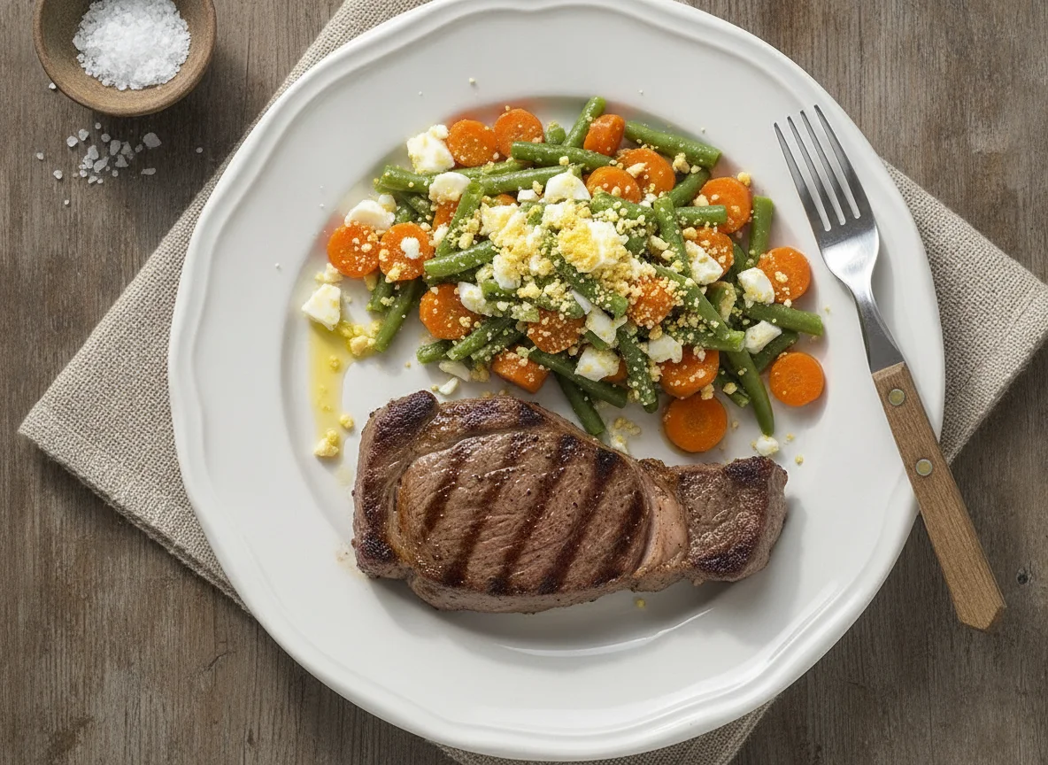 Bife de ternera con ensalada de vegetales y huevo photo