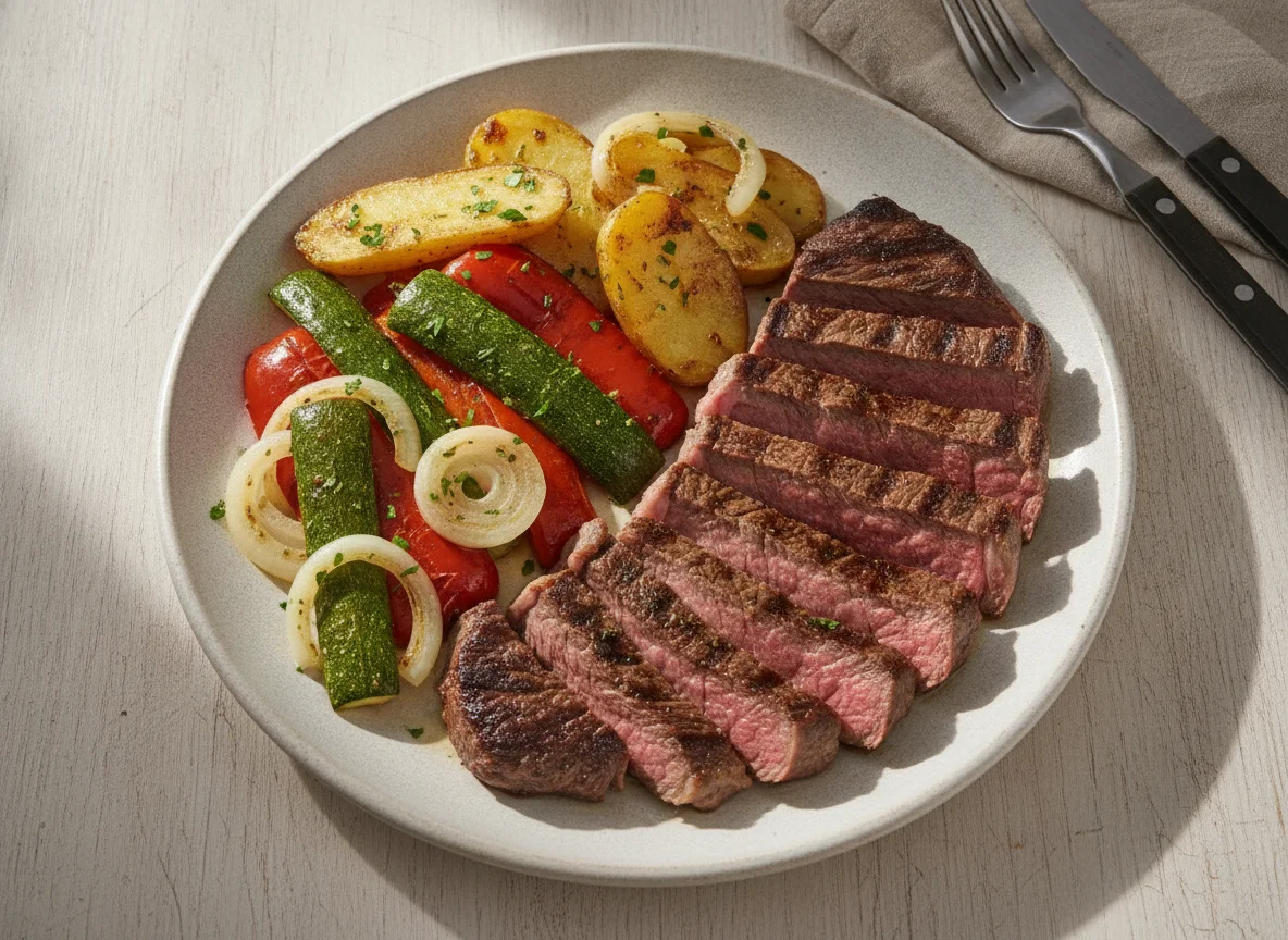 Bife de ternera con vegetales asados photo