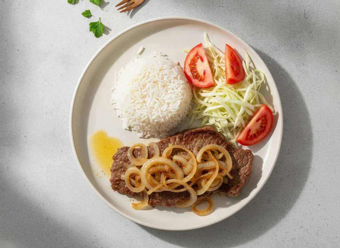 Bife encebollado con arroz y ensalada photo