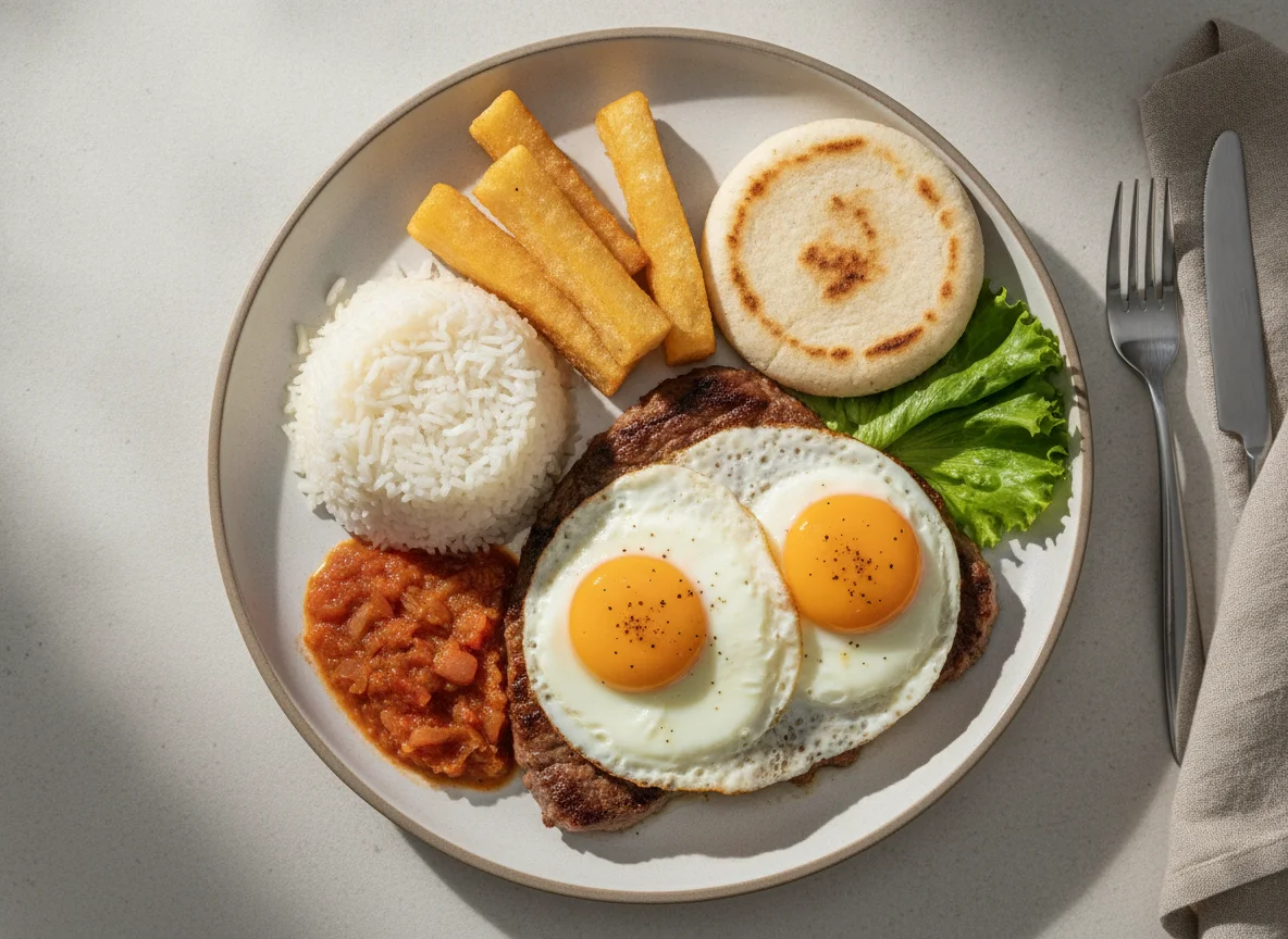 Bistec a caballo con arroz, yuca y arepa photo