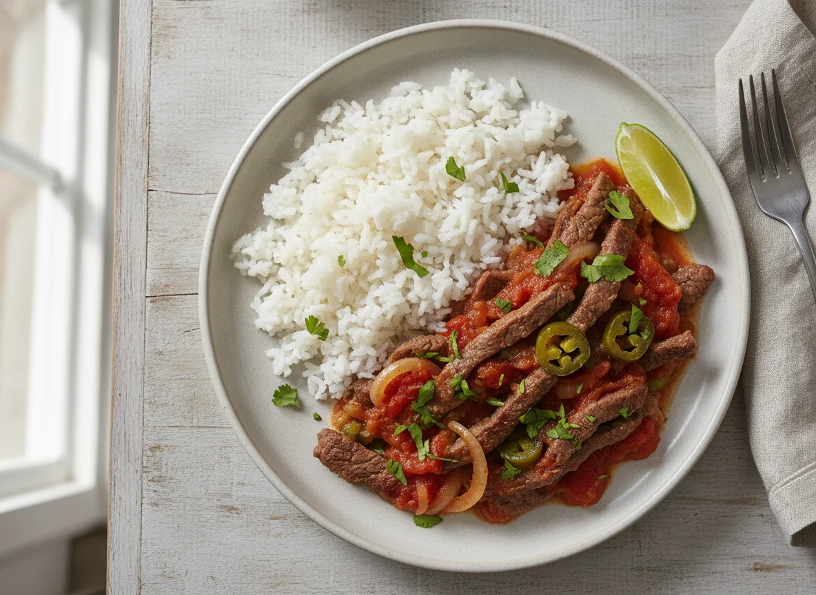 Bistec a la mexicana con arroz blanco photo
