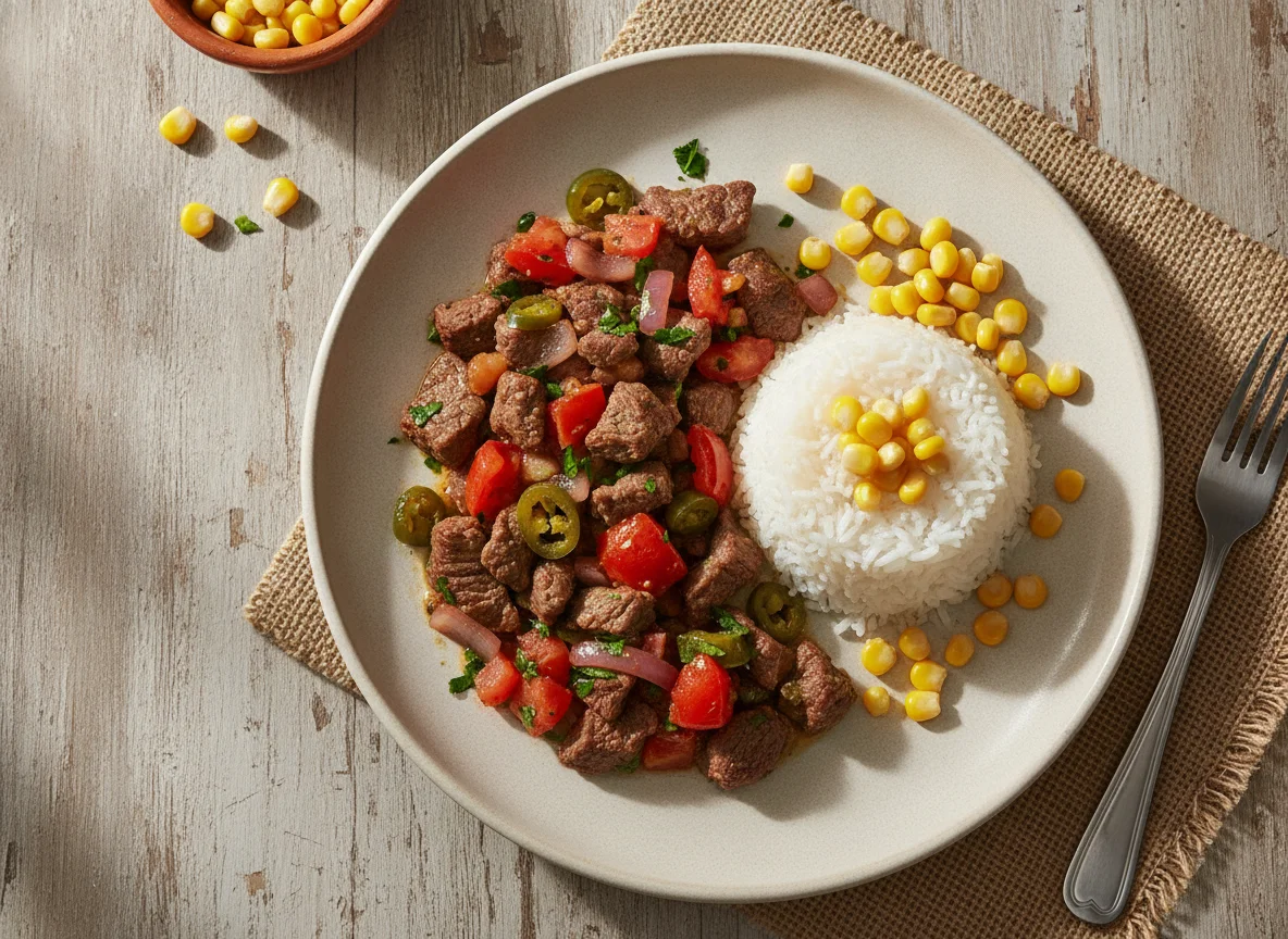 Bistec a la mexicana con arroz blanco y elote photo