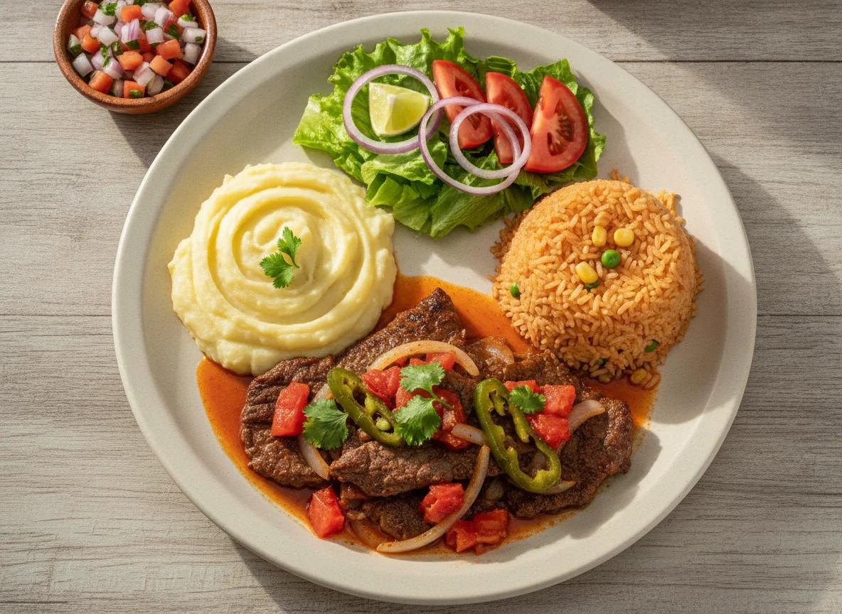Bistec a la mexicana con arroz, puré de papa y ensalada photo
