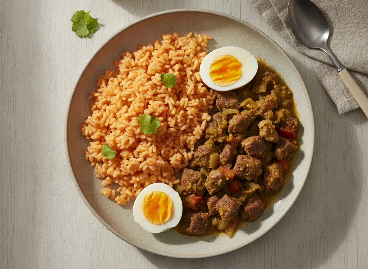 Bistec a la mexicana con arroz rojo y huevo cocido photo