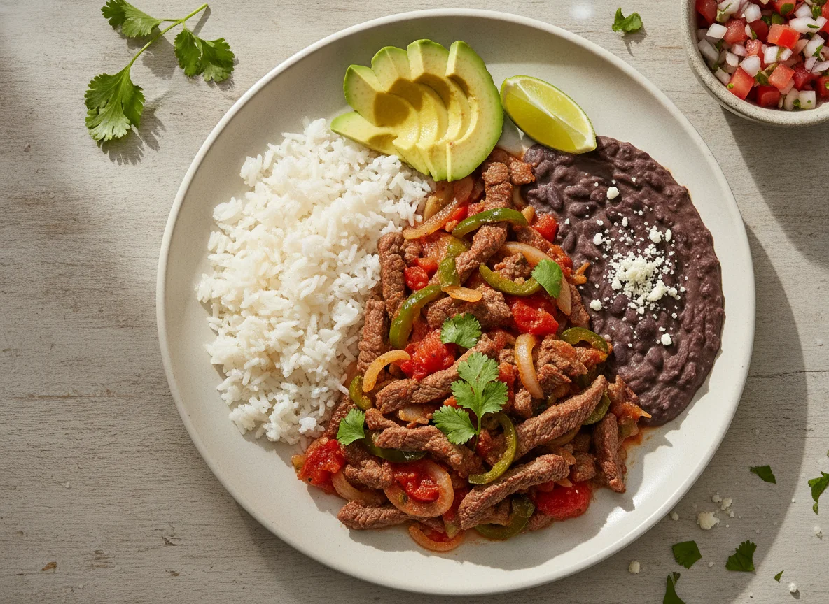 Bistec a la mexicana con arroz y frijoles photo