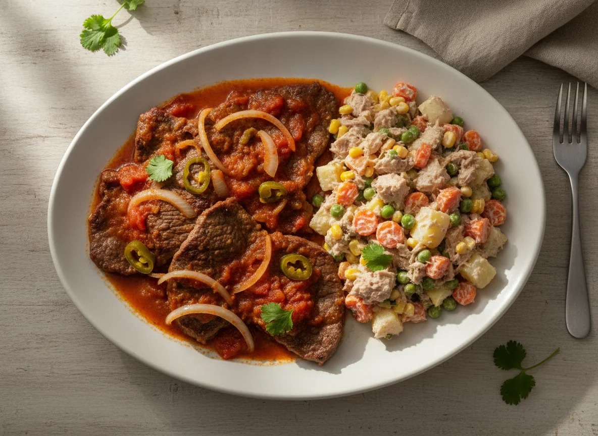 Bistec a la mexicana con ensalada de atún photo