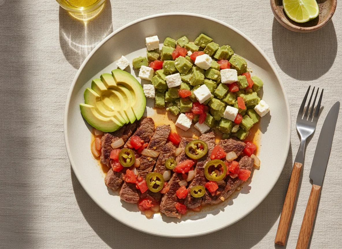 Bistec a la mexicana con ensalada de nopales y queso photo