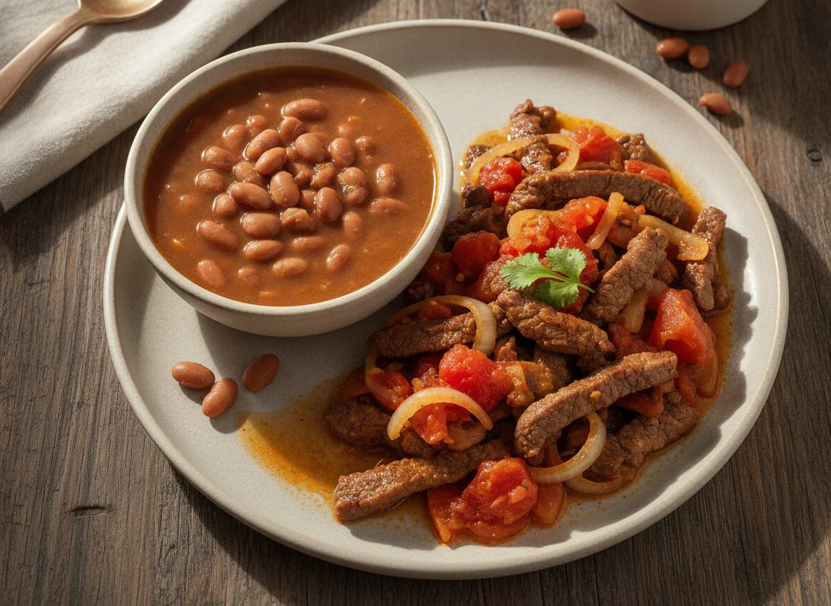 Bistec a la mexicana con frijoles de la olla photo