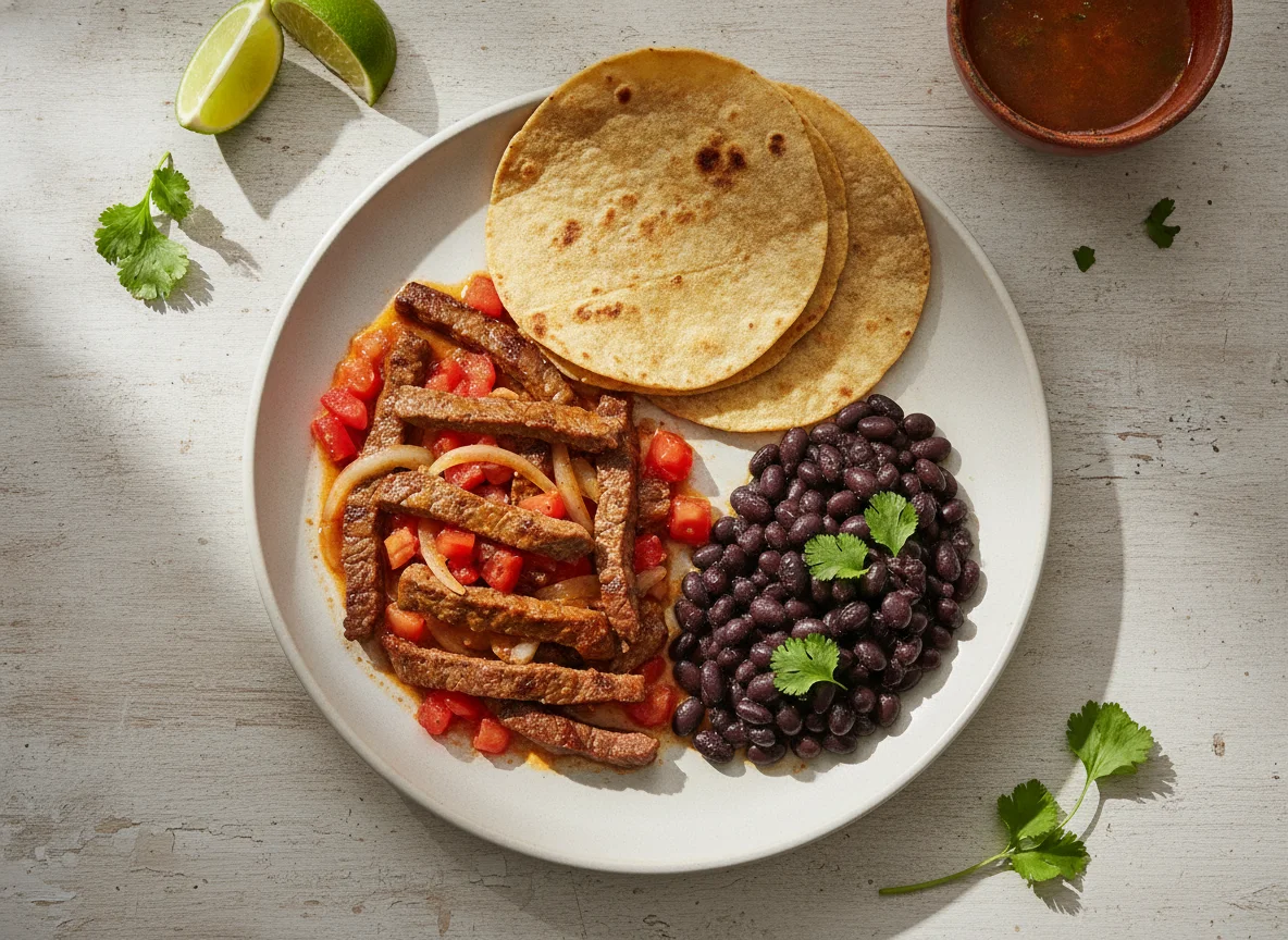 Bistec a la mexicana con frijoles negros photo