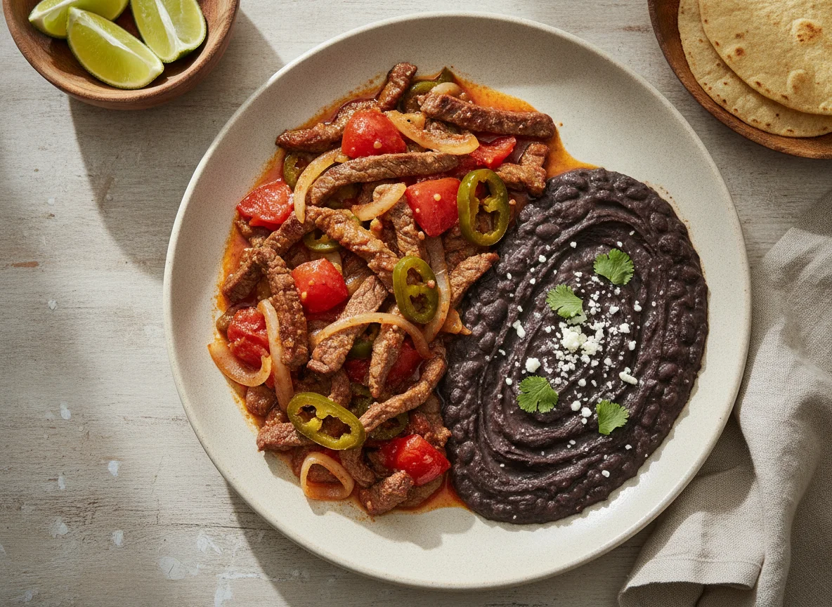 Bistec a la mexicana con frijoles refritos photo