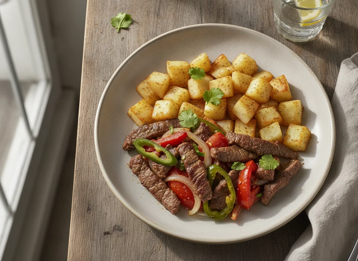 Bistec a la mexicana con papas photo