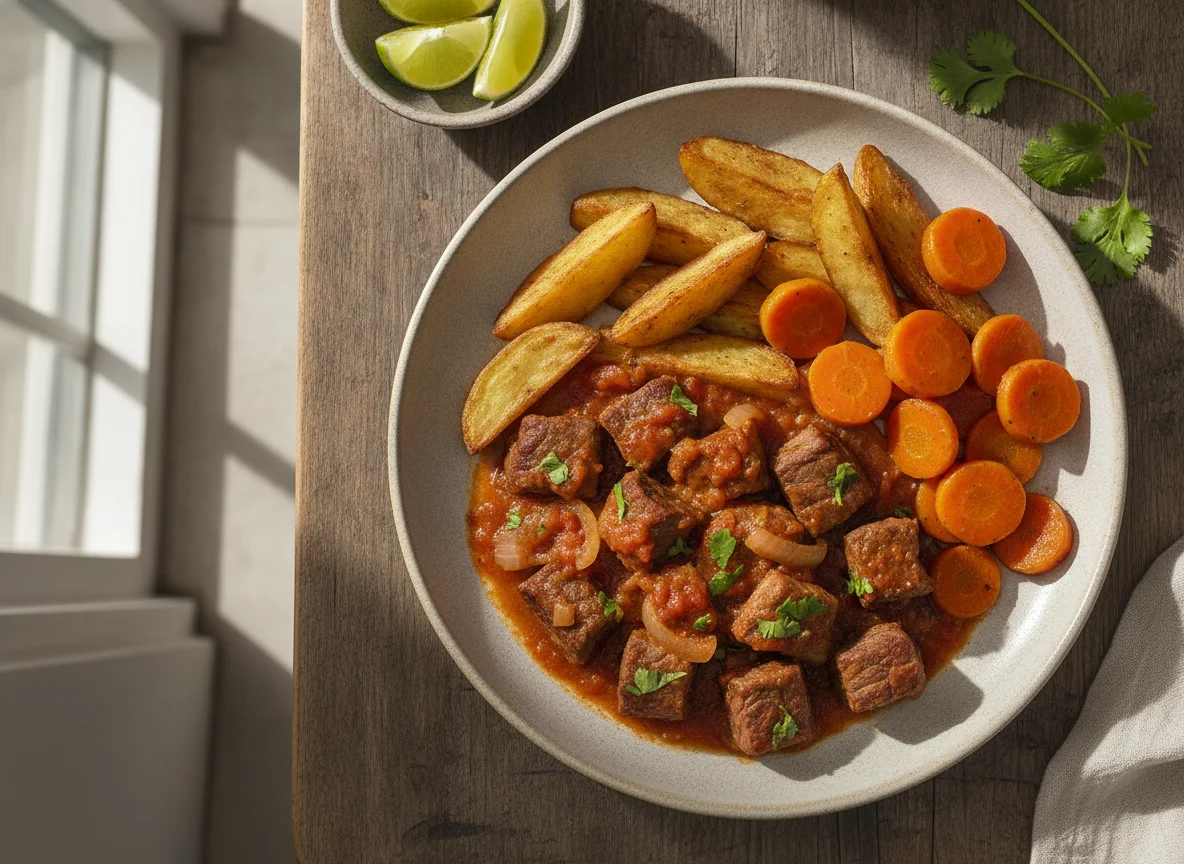 Bistec a la mexicana con papas y zanahorias photo