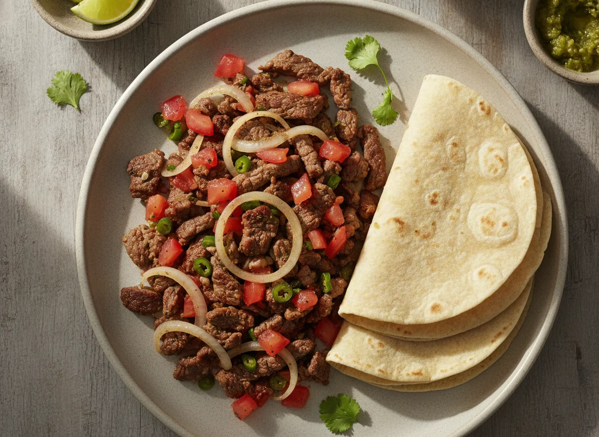 Bistec a la mexicana con tortillas photo
