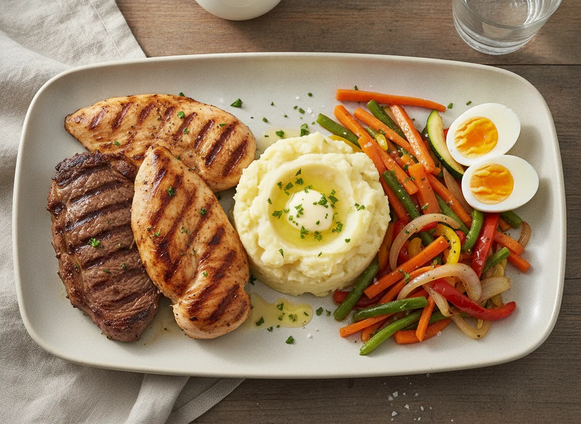 Bistec a la plancha con puré de papa, vegetales salteados y huevo duro photo