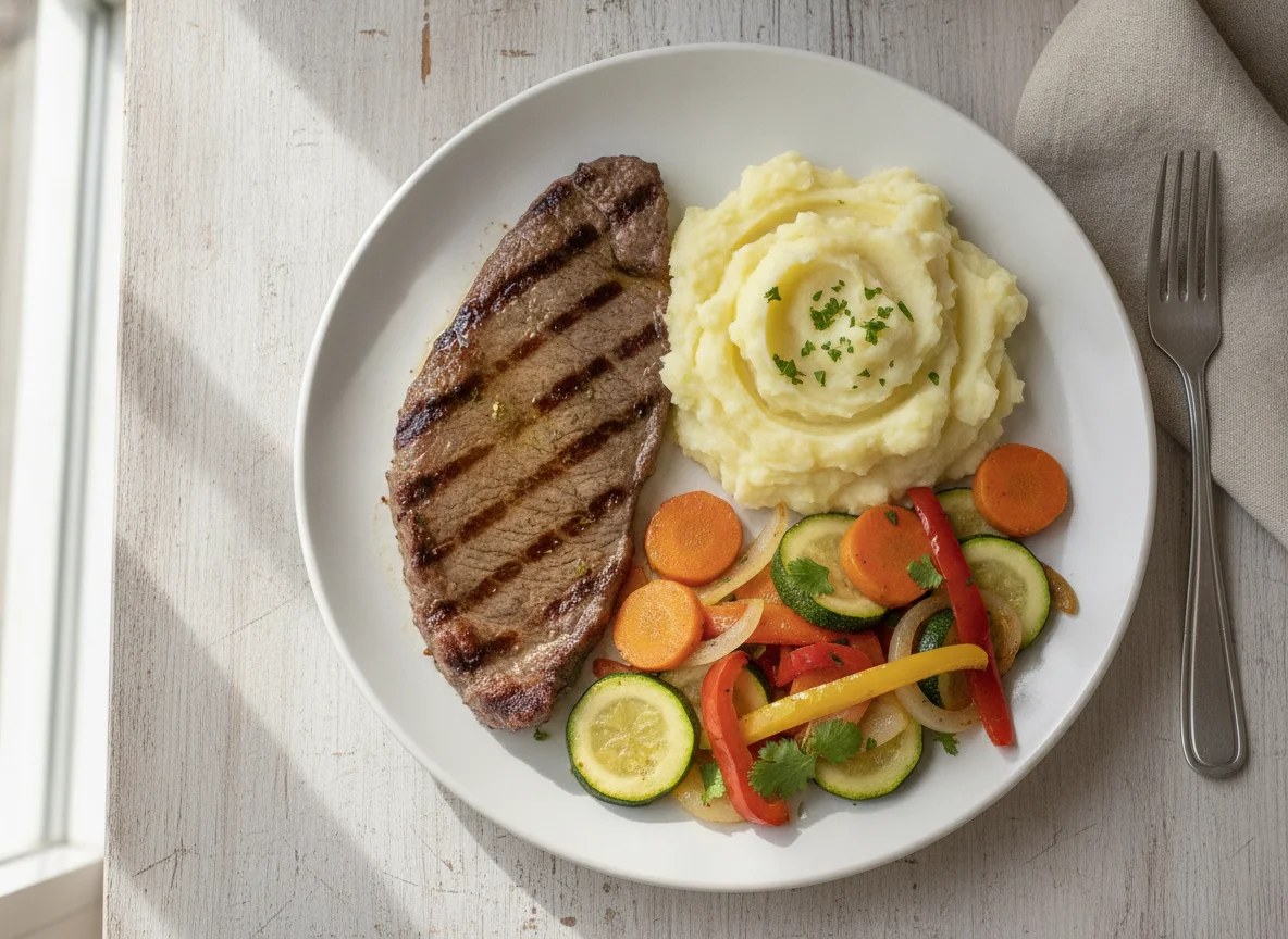 Bistec a la plancha con puré de papa y vegetales salteados photo