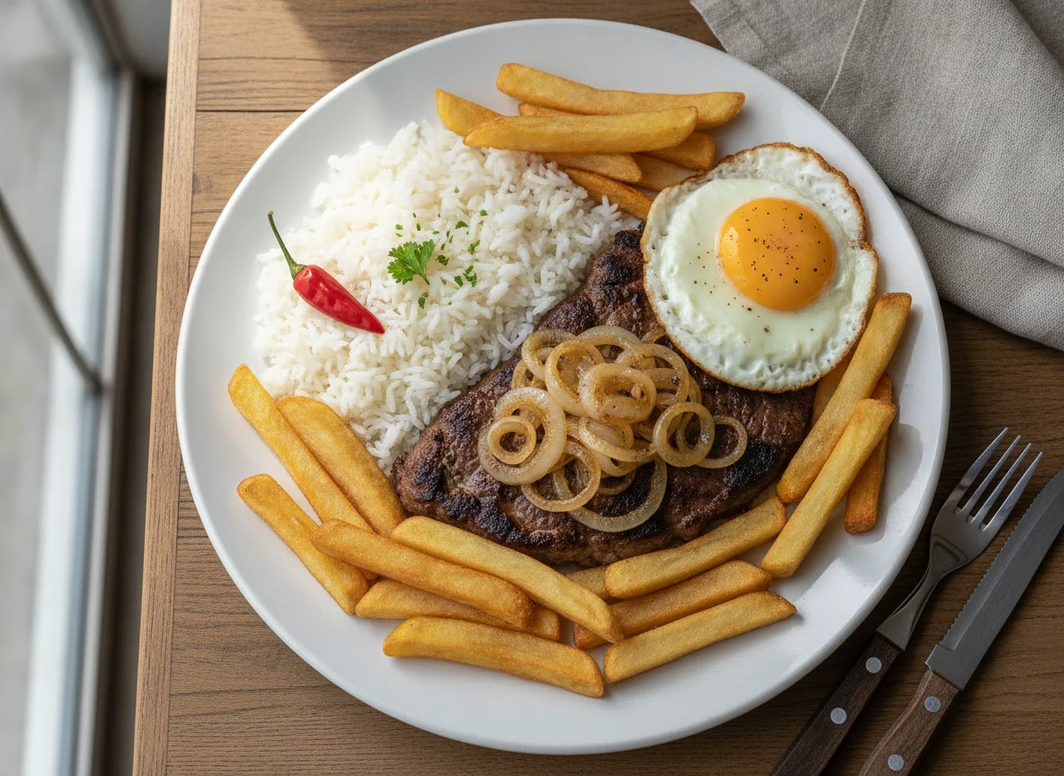 Bistec a lo pobre con arroz y cebolla caramelizada photo
