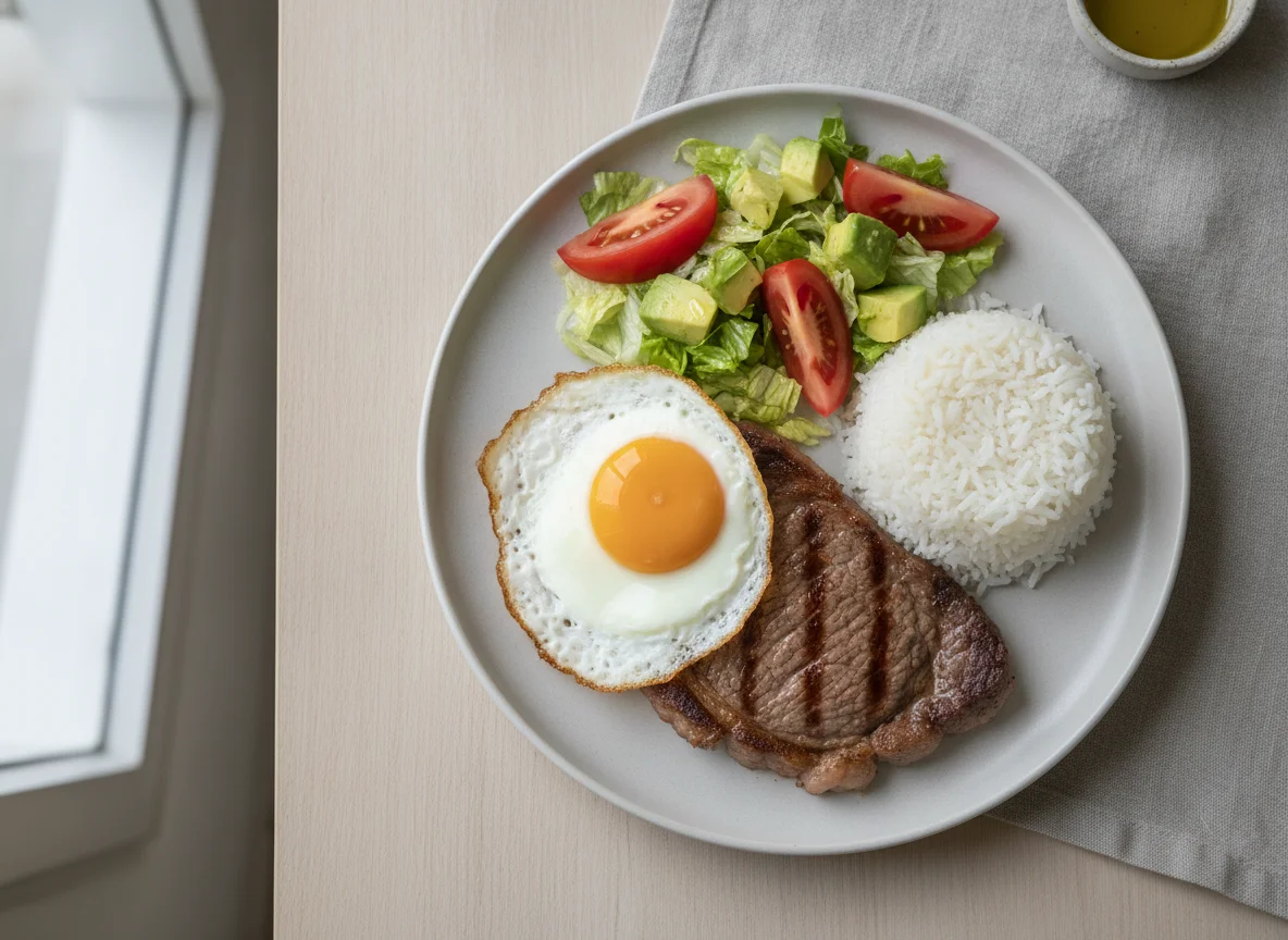 Bistec a lo pobre simplificado con ensalada mixta photo