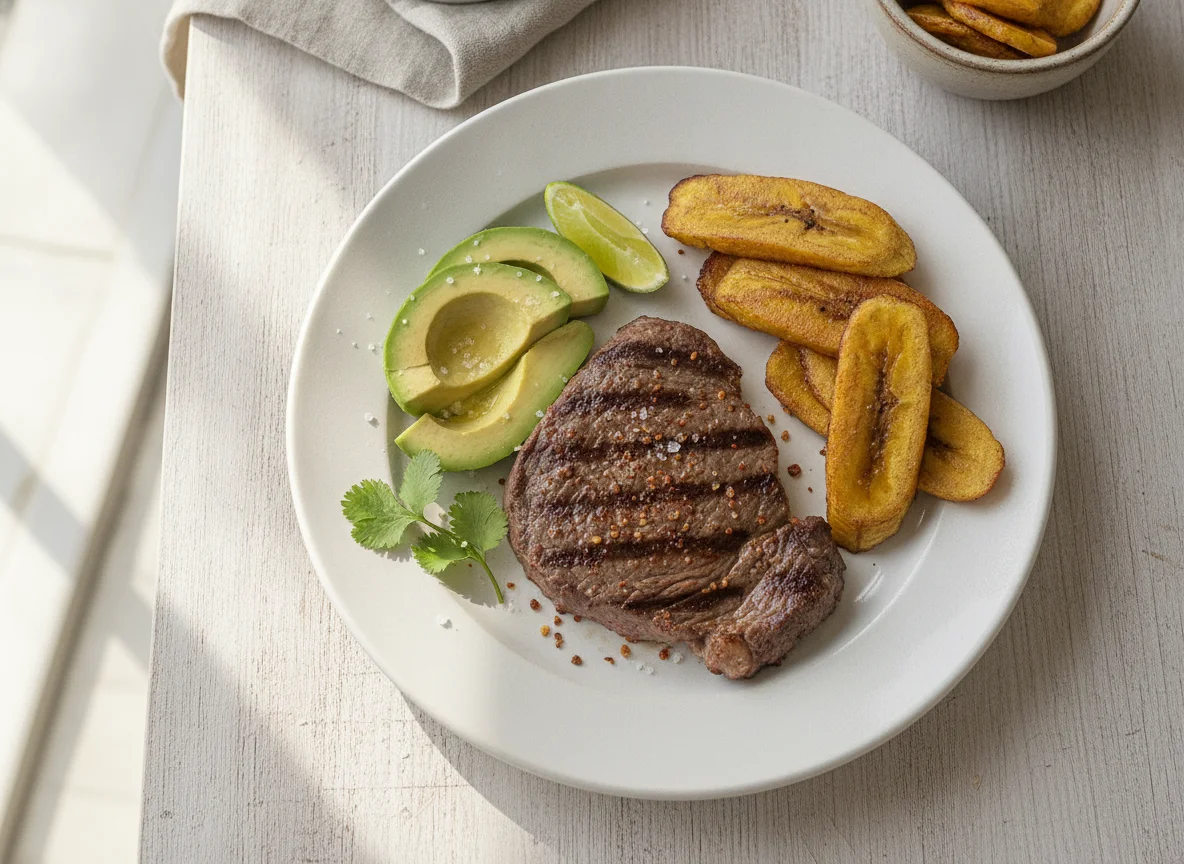 Bistec con aguacate y plátano photo