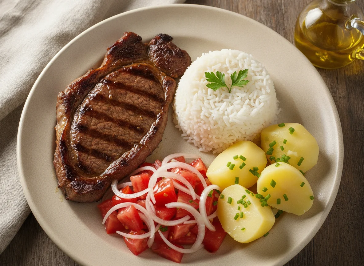 Bistec con arroz, ensalada chilena y papas cocidas photo