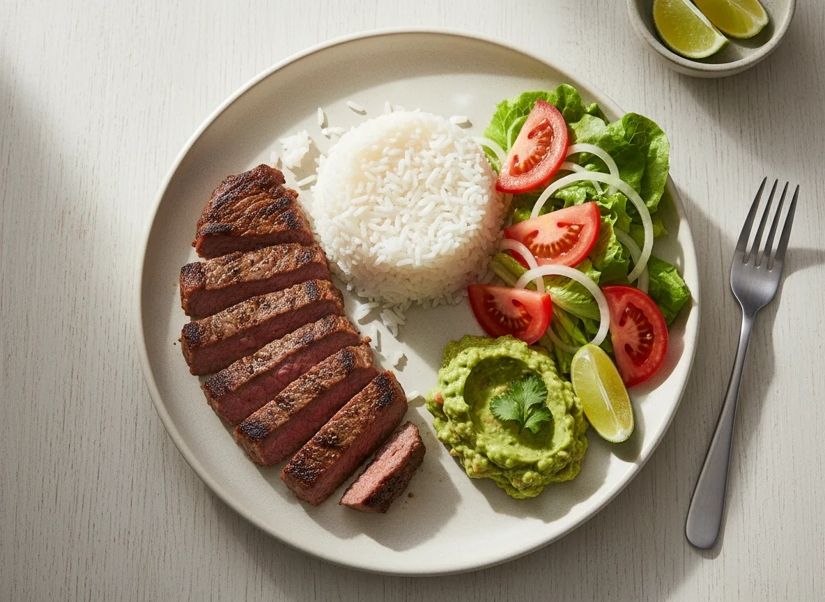 Bistec con arroz, ensalada y guacamole photo