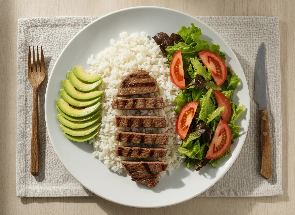 Bistec con arroz, ensalada y palta photo