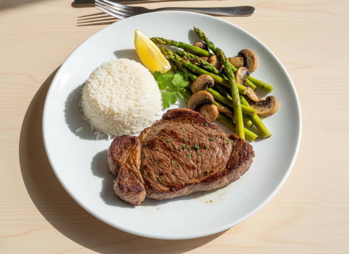 Bistec con arroz, espárragos y champiñones photo