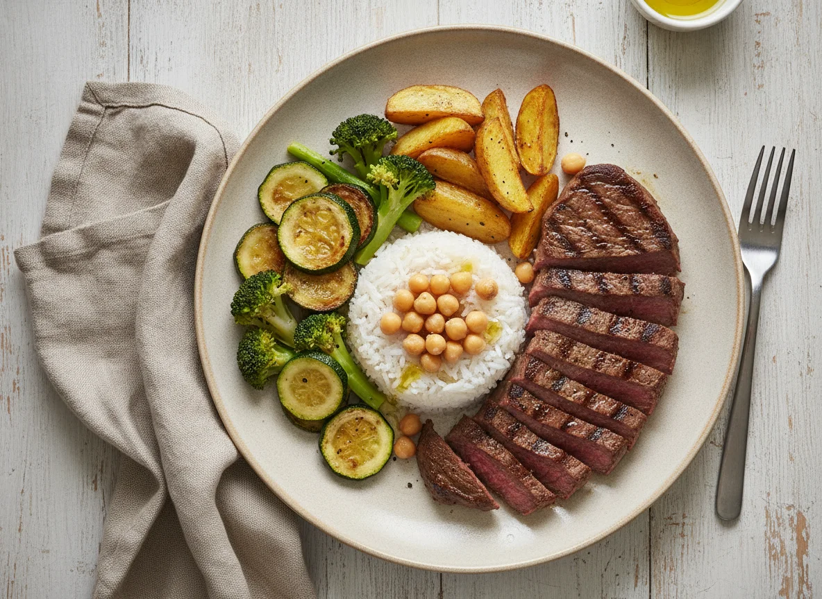 Bistec con arroz, garbanzos y vegetales salteados photo