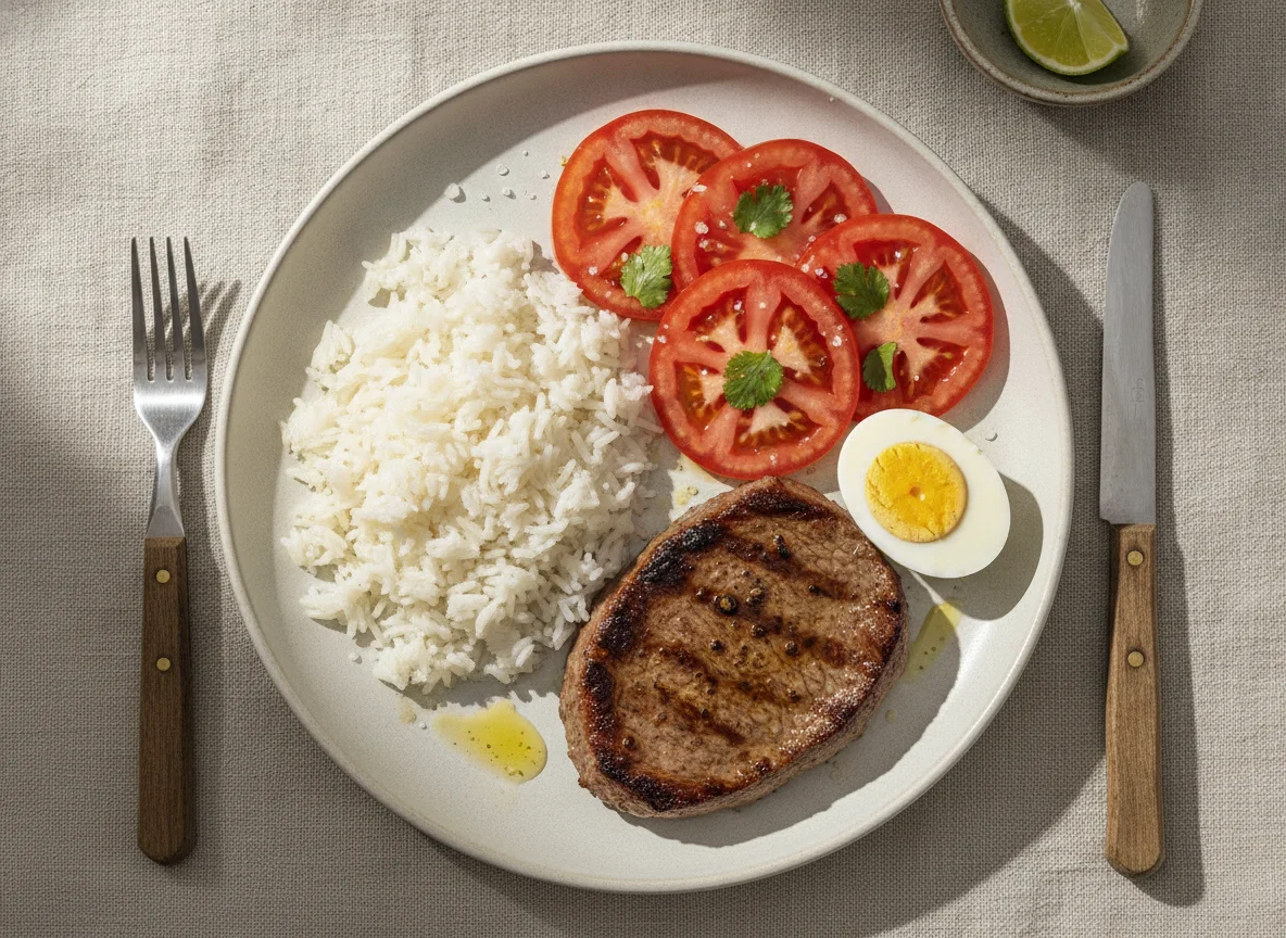 Bistec con arroz, huevo duro y ensalada de tomate photo