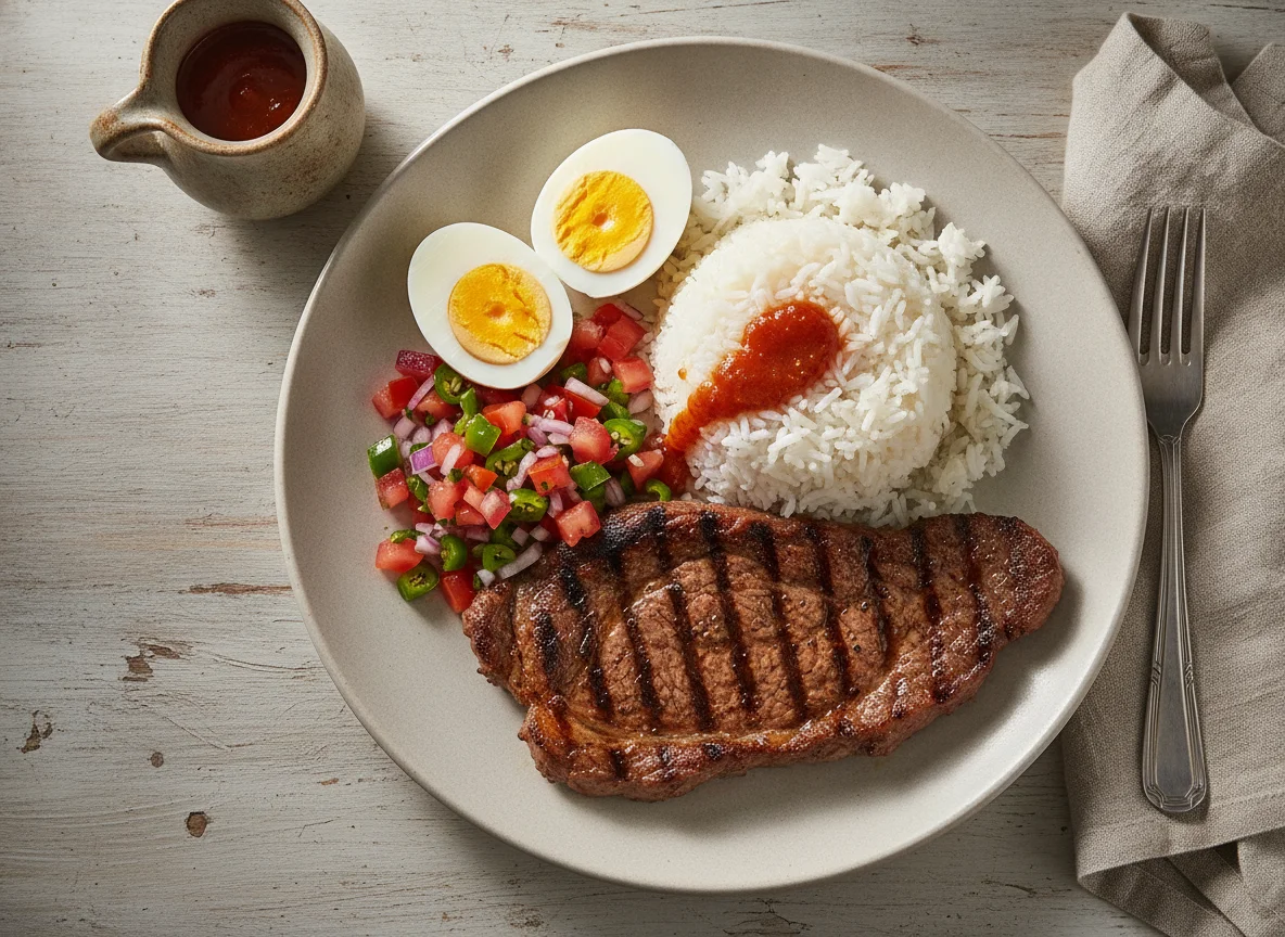 Bistec con arroz, huevos duros y pico de gallo photo