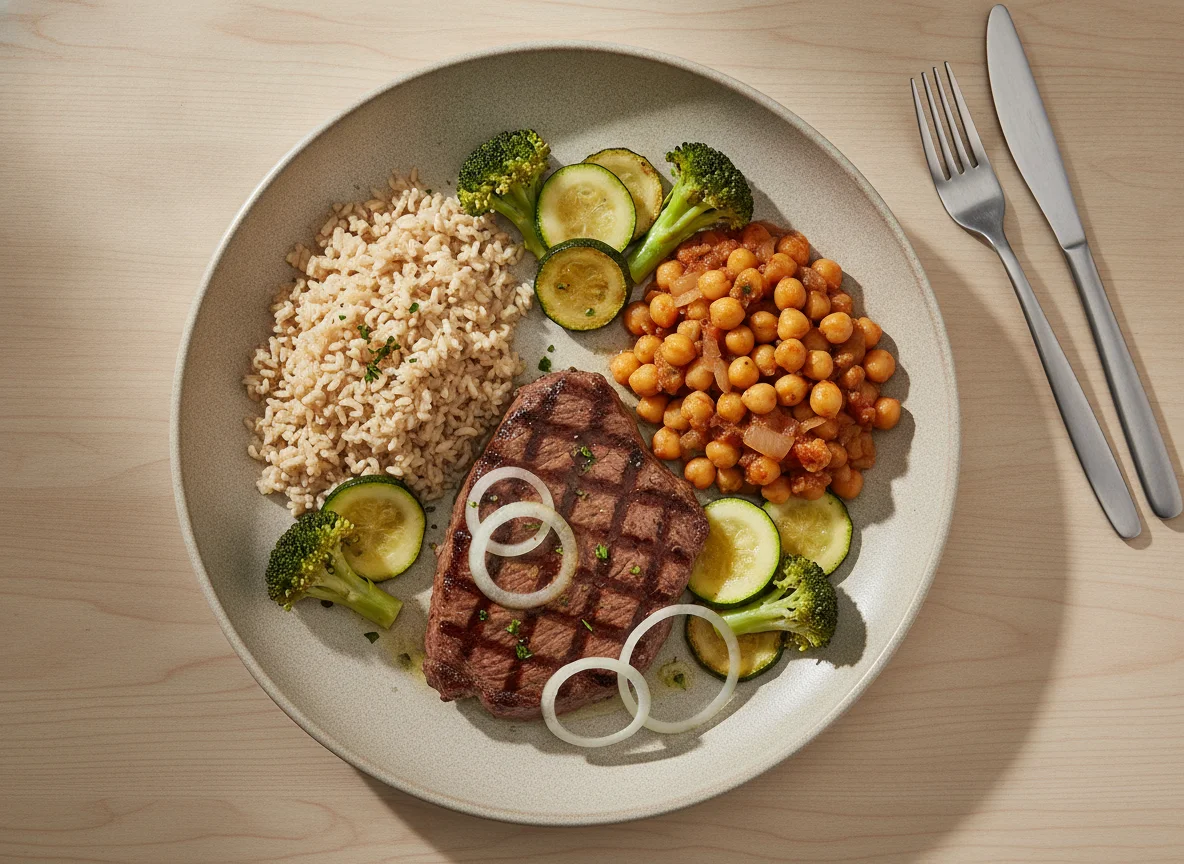 Bistec con arroz integral, garbanzos y vegetales photo