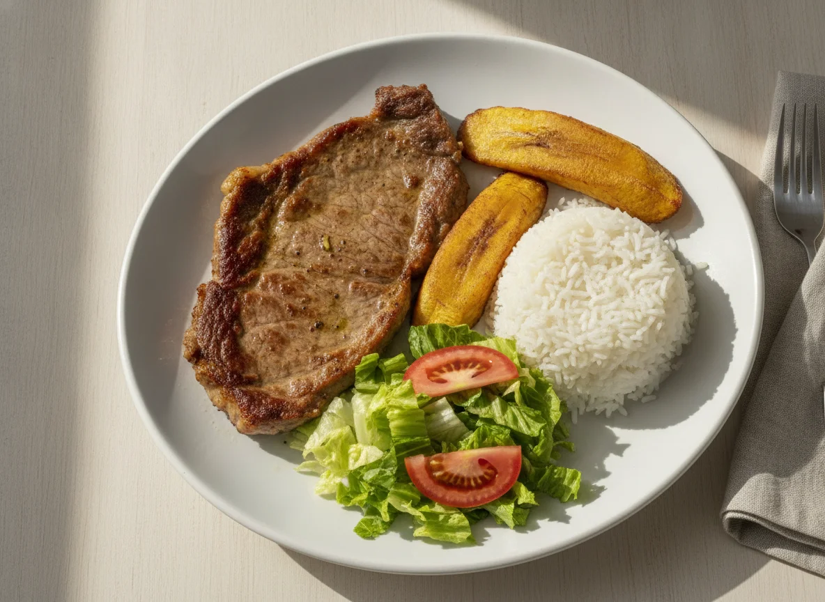 Bistec con arroz, plátano frito y ensalada photo