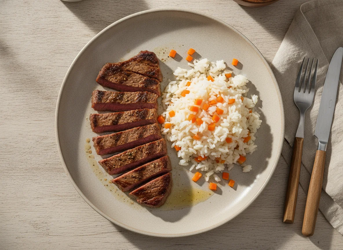 Bistec con arroz primavera photo