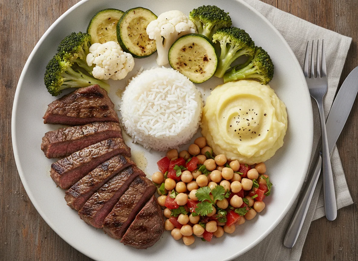 Bistec con arroz, puré de papa, ensalada de garbanzos y vegetales photo