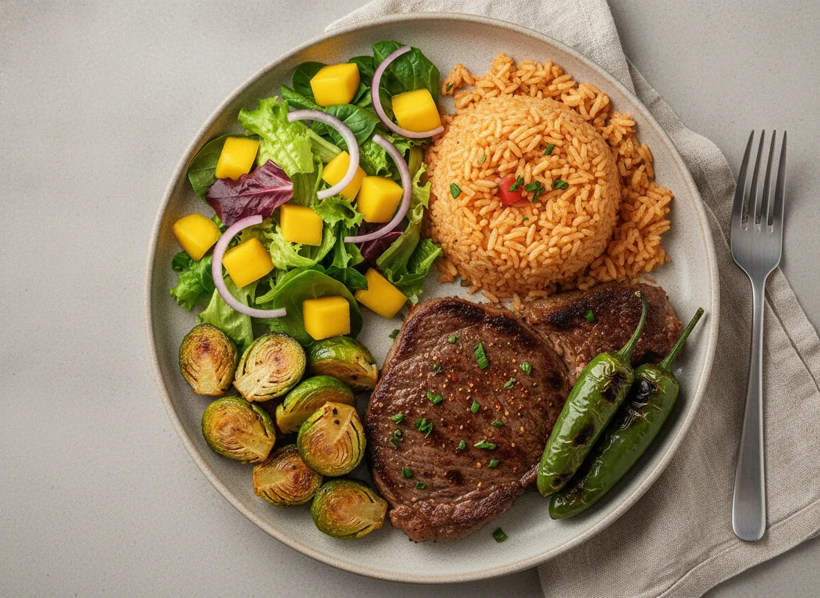 Bistec con arroz rojo, coles de Bruselas y ensalada de mango photo