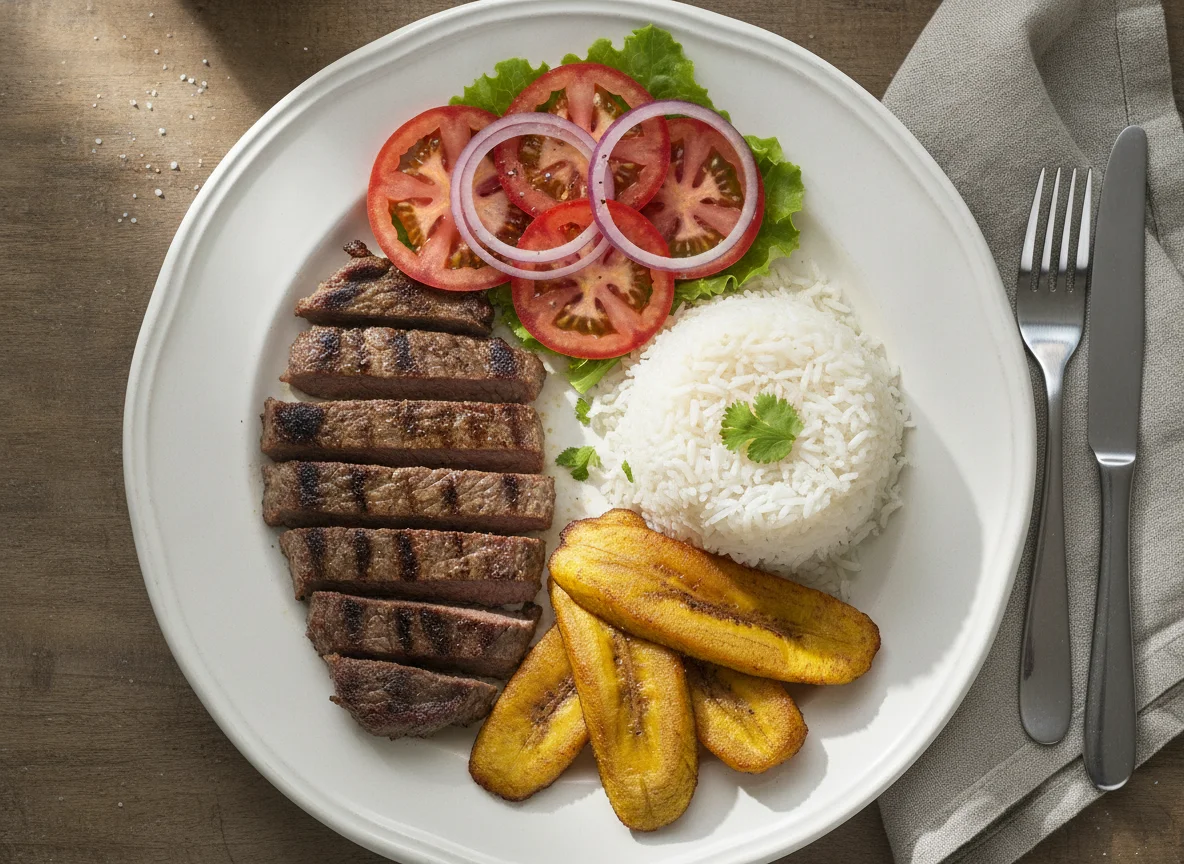 Bistec con arroz, tajadas y ensalada photo