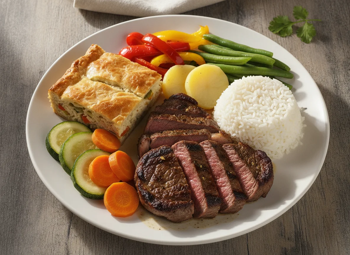 Bistec con arroz, verduras y pastel de pollo photo
