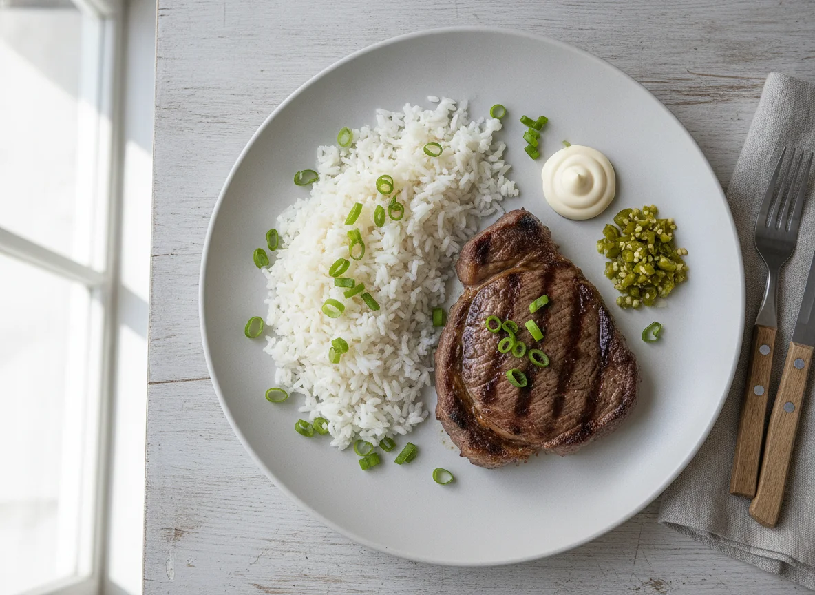 Bistec con arroz y acompañamientos photo