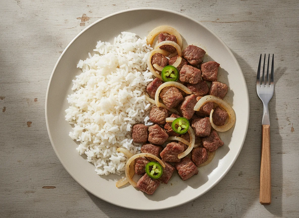 Bistec con arroz y cebolla photo