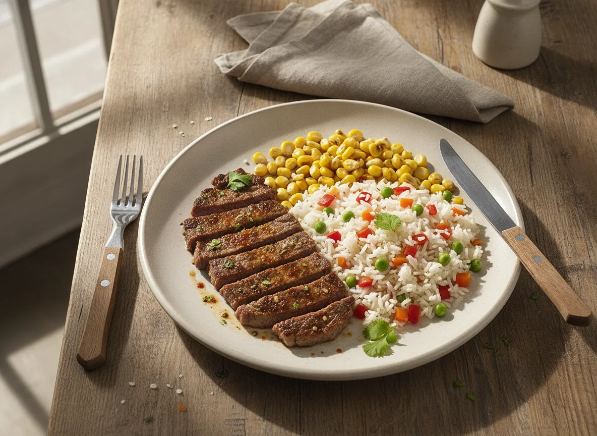 Bistec con arroz y choclo photo
