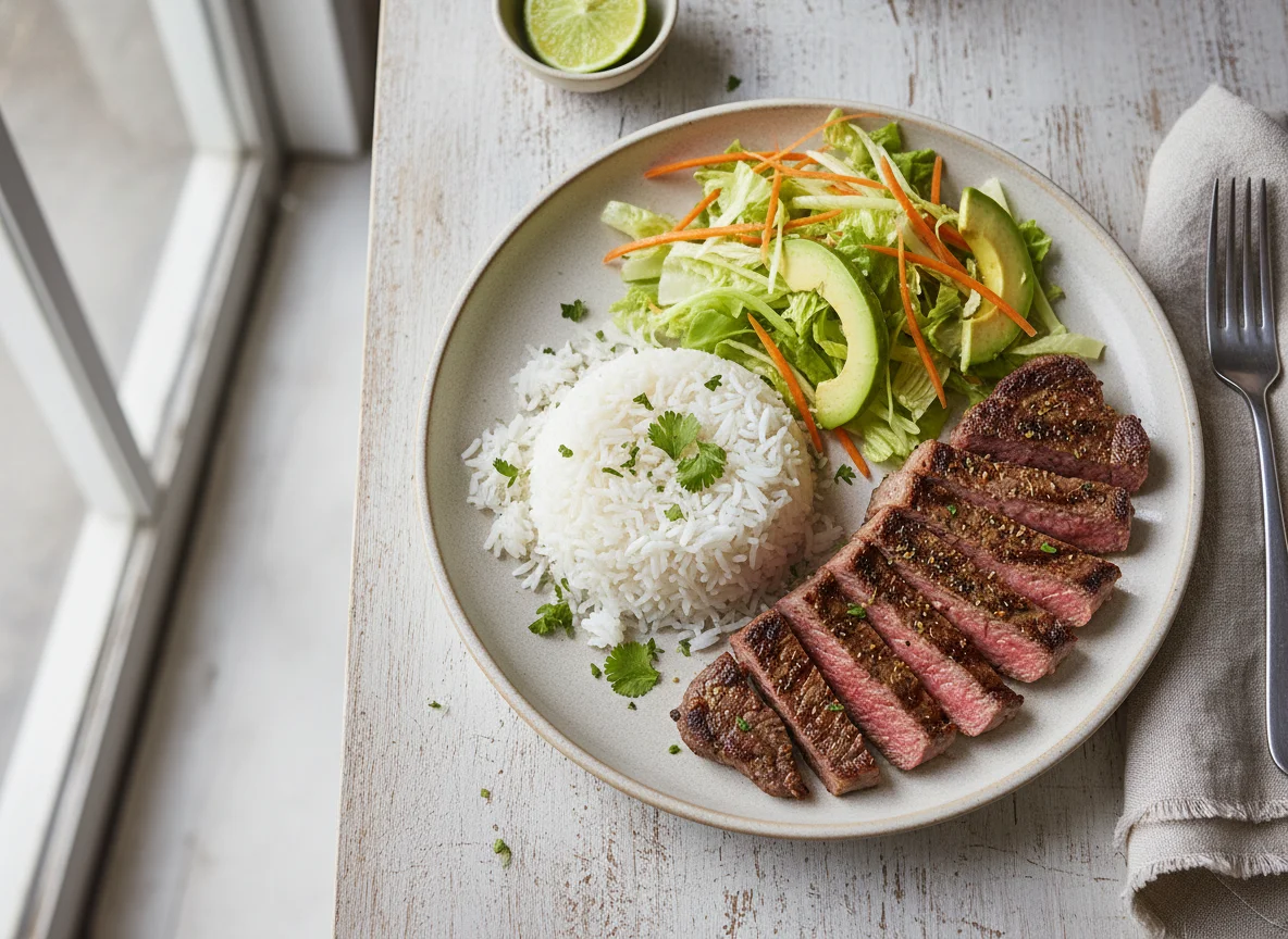 Bistec con arroz y ensalada photo