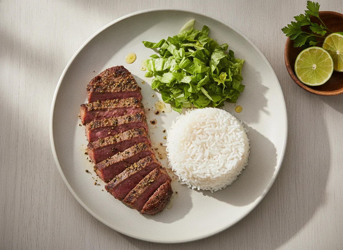 Bistec con arroz y ensalada de lechuga photo