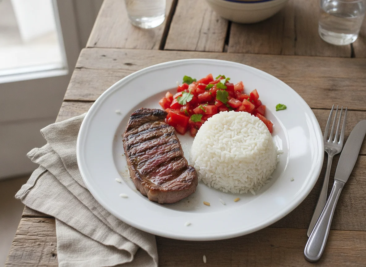 Bistec con arroz y ensalada de tomate photo