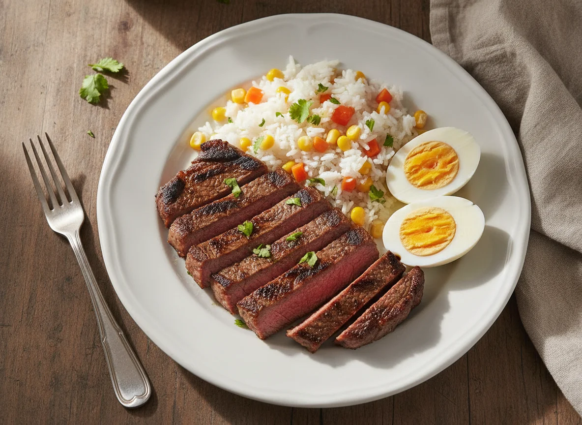 Bistec con arroz y huevos cocidos photo