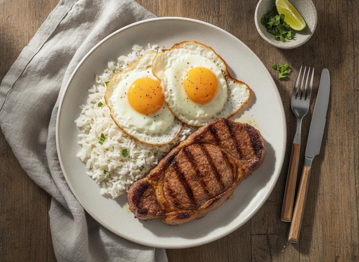 Bistec con arroz y huevos fritos photo