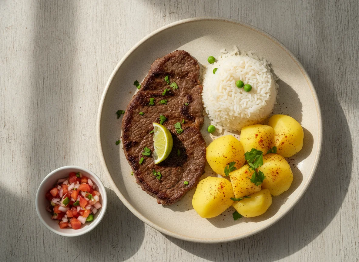 Bistec con arroz y papa photo